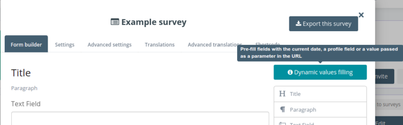 Survey settings with the "Dynamic values filling" button