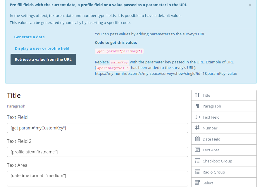 Form of dynamic default values: current date, profile field or URL parameter per field