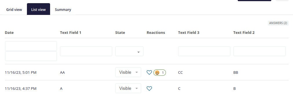 Answers list with columns hidden and reordered, after the code