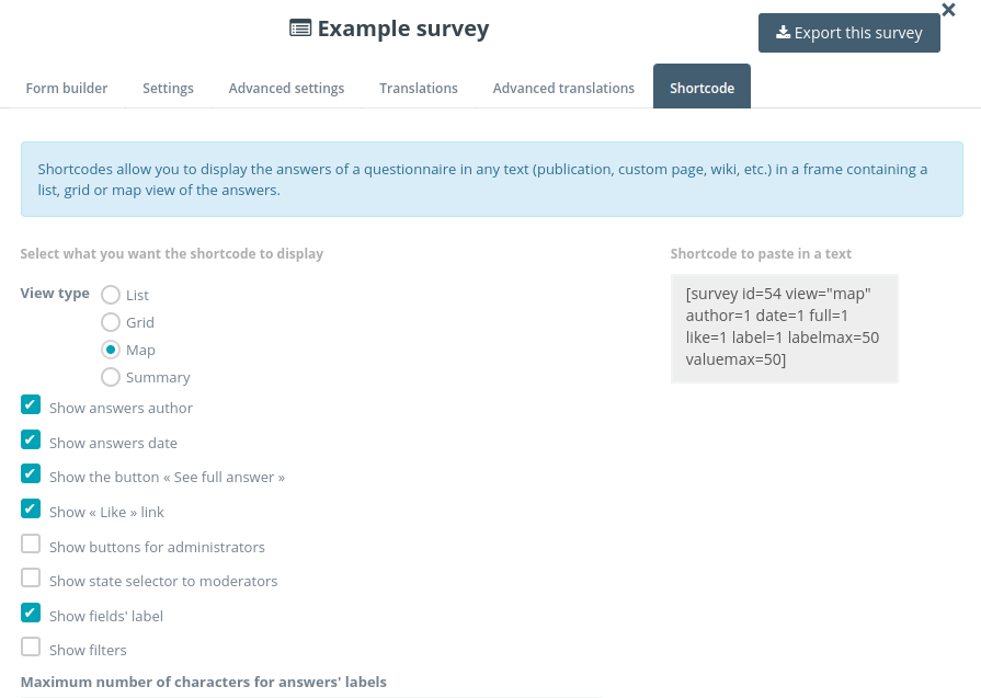 Survey settings showing the shortcode of the answers map