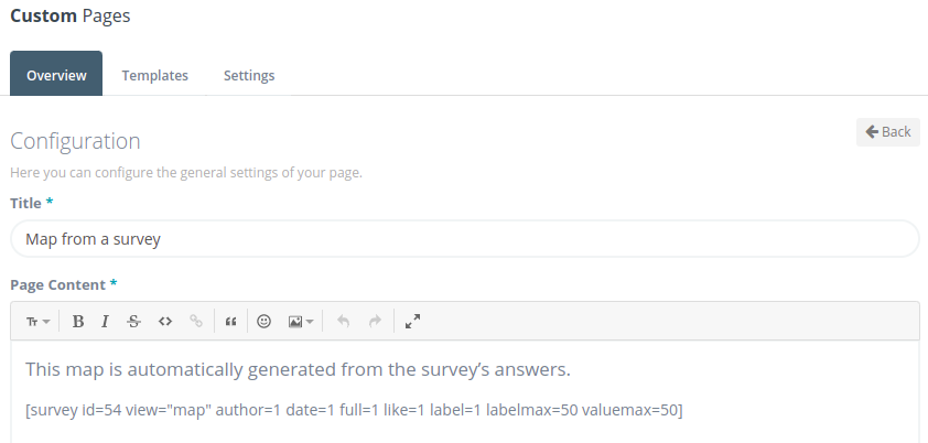 Custom page editor with the map shortcode pasted