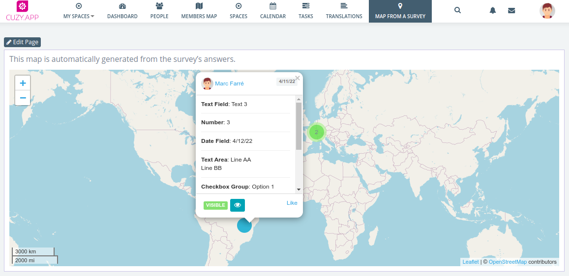 Custom page showing the survey answers on a map