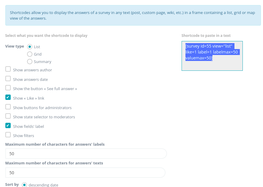 Survey settings showing the shortcode of the answers grid
