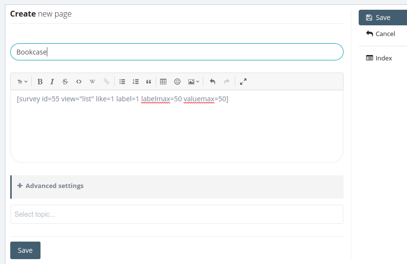 Wiki page editor with the shortcode pasted