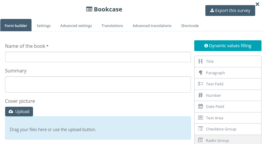 Main survey "Bookcase" with its fields