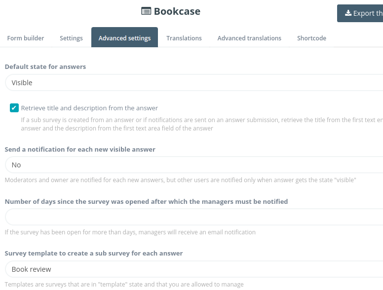 Advanced settings of the main survey with the sub-survey template selected