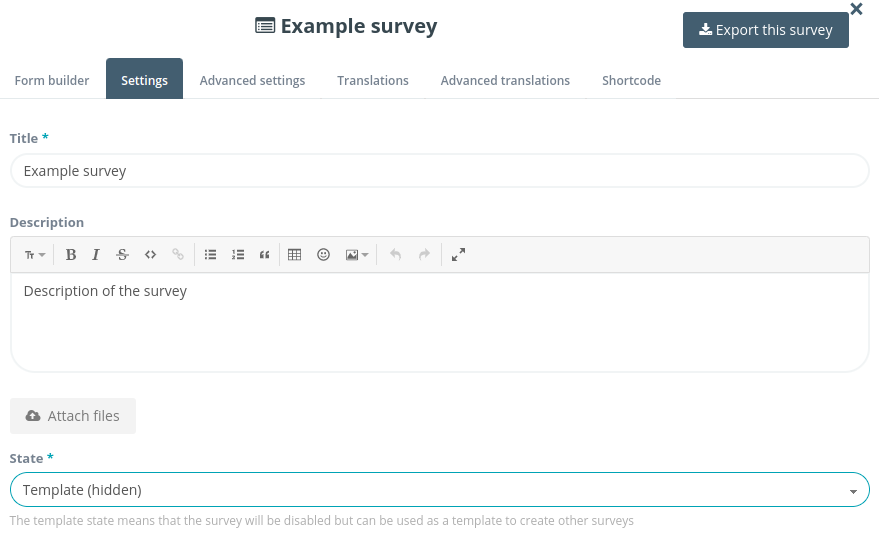 Survey settings with the state set to "Template"
