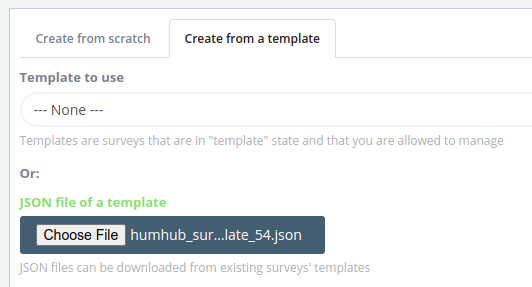 Creating a new survey by uploading the exported JSON file