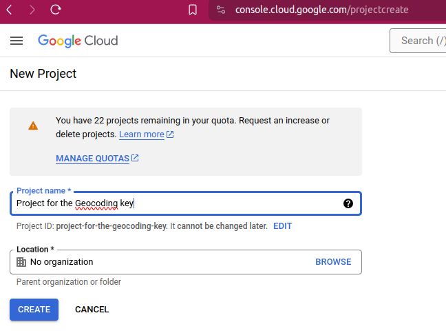 Google Cloud console: new project form