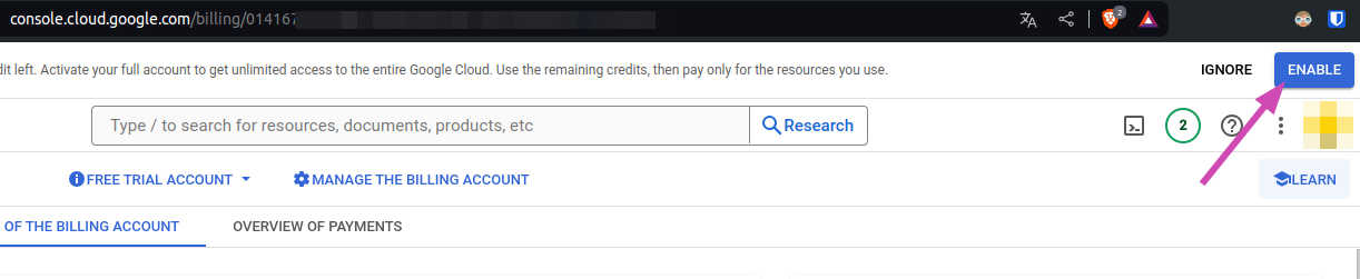Google Cloud console banner with the button to activate the full account
