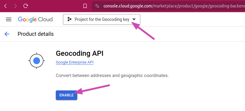 Google Cloud console: Geocoding API page with the Enable button