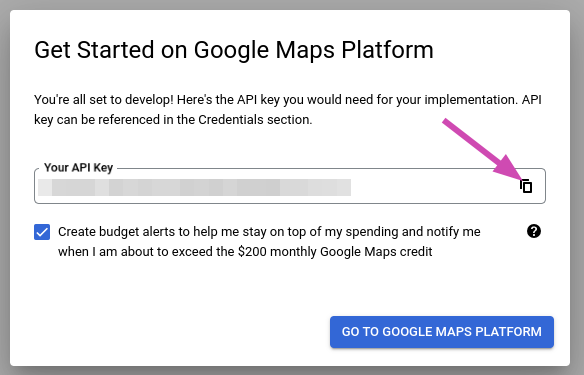 "Get Started on Google Maps Platform" dialog with the API key and its copy button