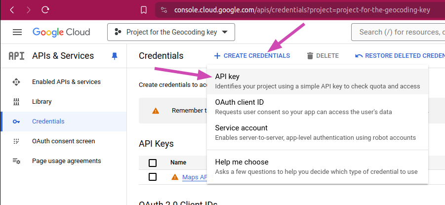 Google Cloud console: credentials page to create an API key
