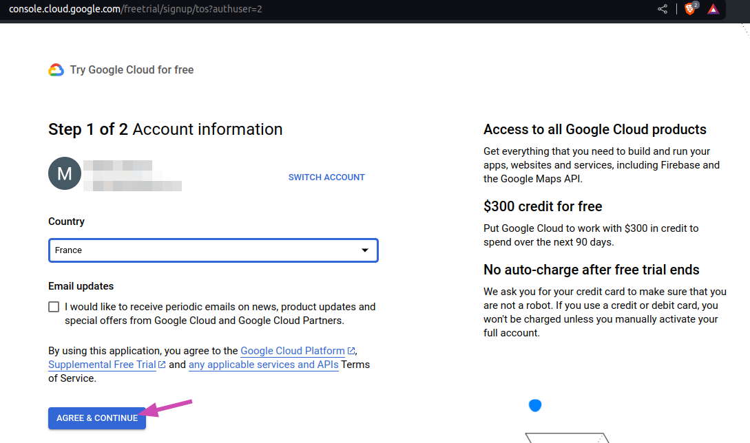 Google Cloud free trial sign-up, step 1: country and terms of service