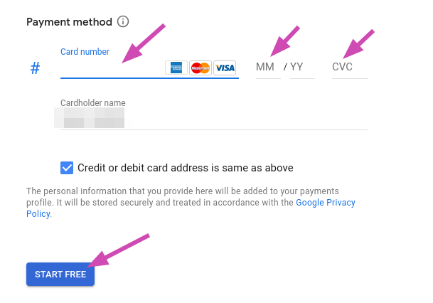 Google Cloud free trial sign-up: payment method and the Start free button