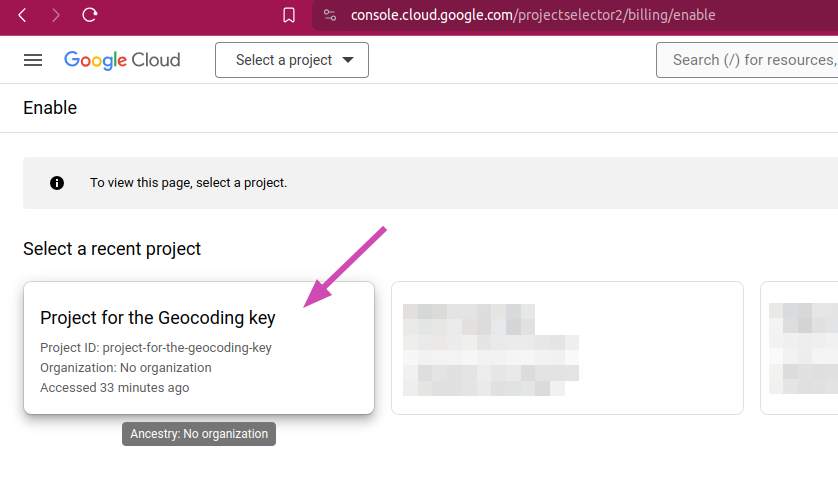 Google Cloud console: select the project to enable billing for