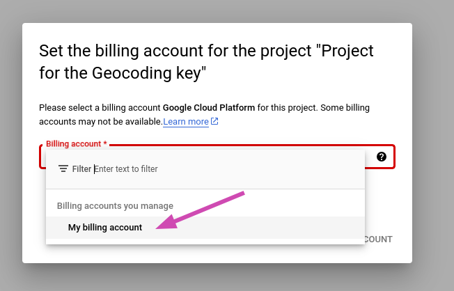 Dialog to set the billing account of the project