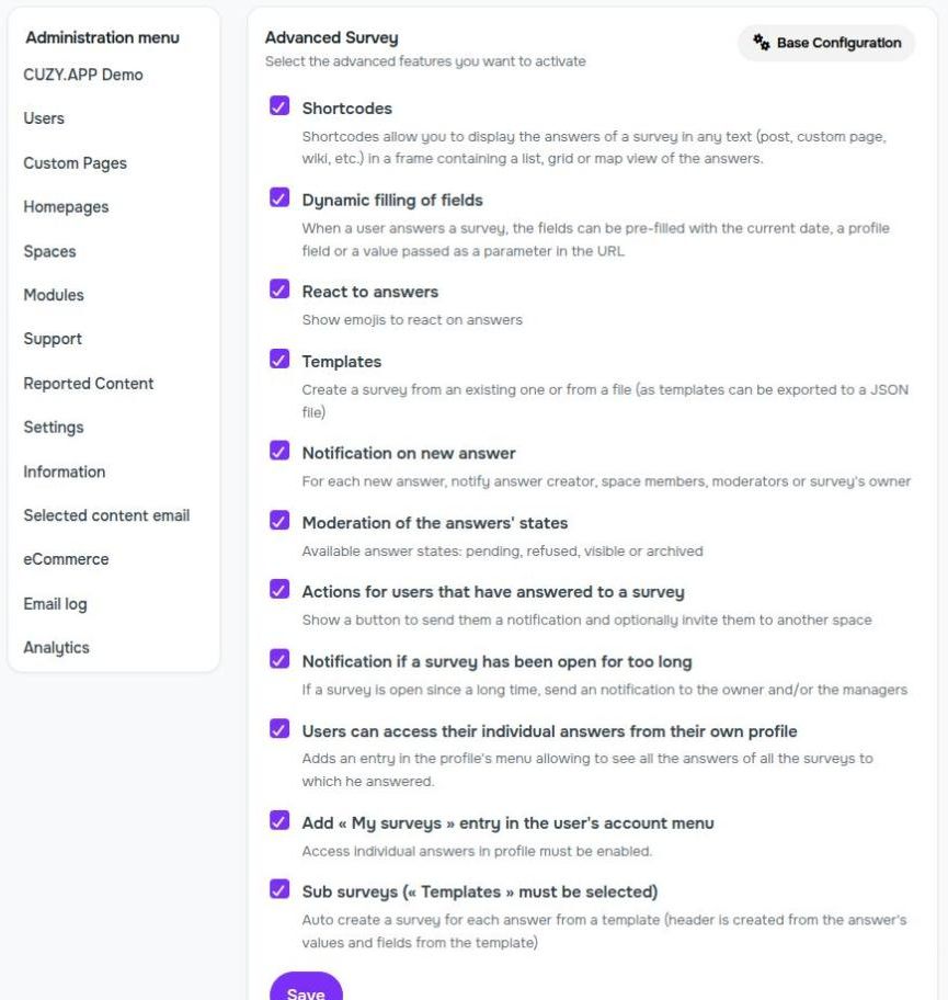Advanced Survey module configuration with shortcodes and answer notifications enabled