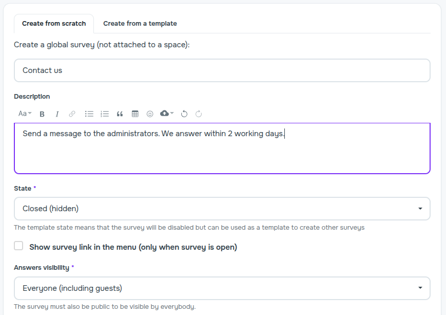 Creating a global survey named "Contact us"
