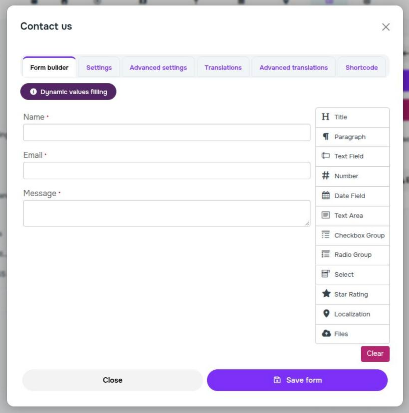 Form builder with the Name, Email and Message fields