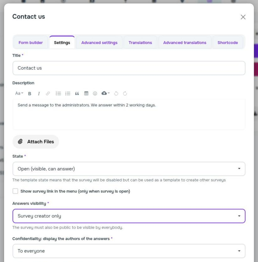 Survey settings with the state "Open" and the answers visibility "Survey creator only"