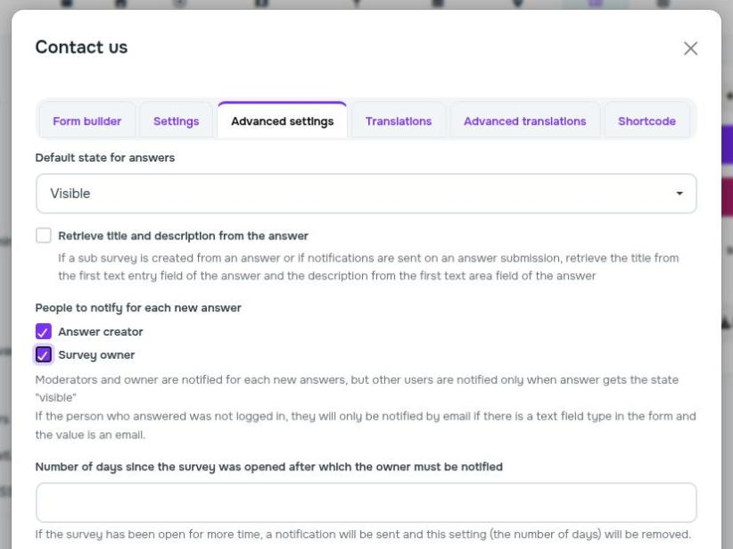 Advanced settings with "Answer creator" and "Survey owner" selected as people to notify