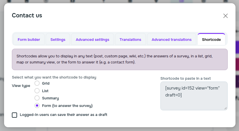 Shortcode tab with the "Form" view type selected