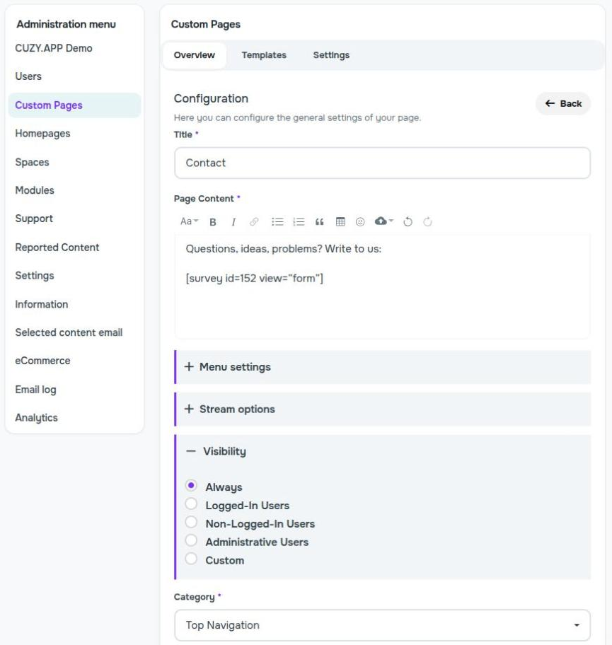 Custom page editor with the form shortcode pasted