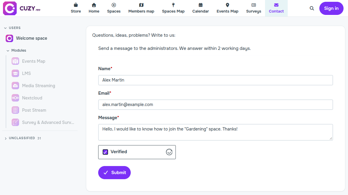 Contact page opened from the top menu by a visitor