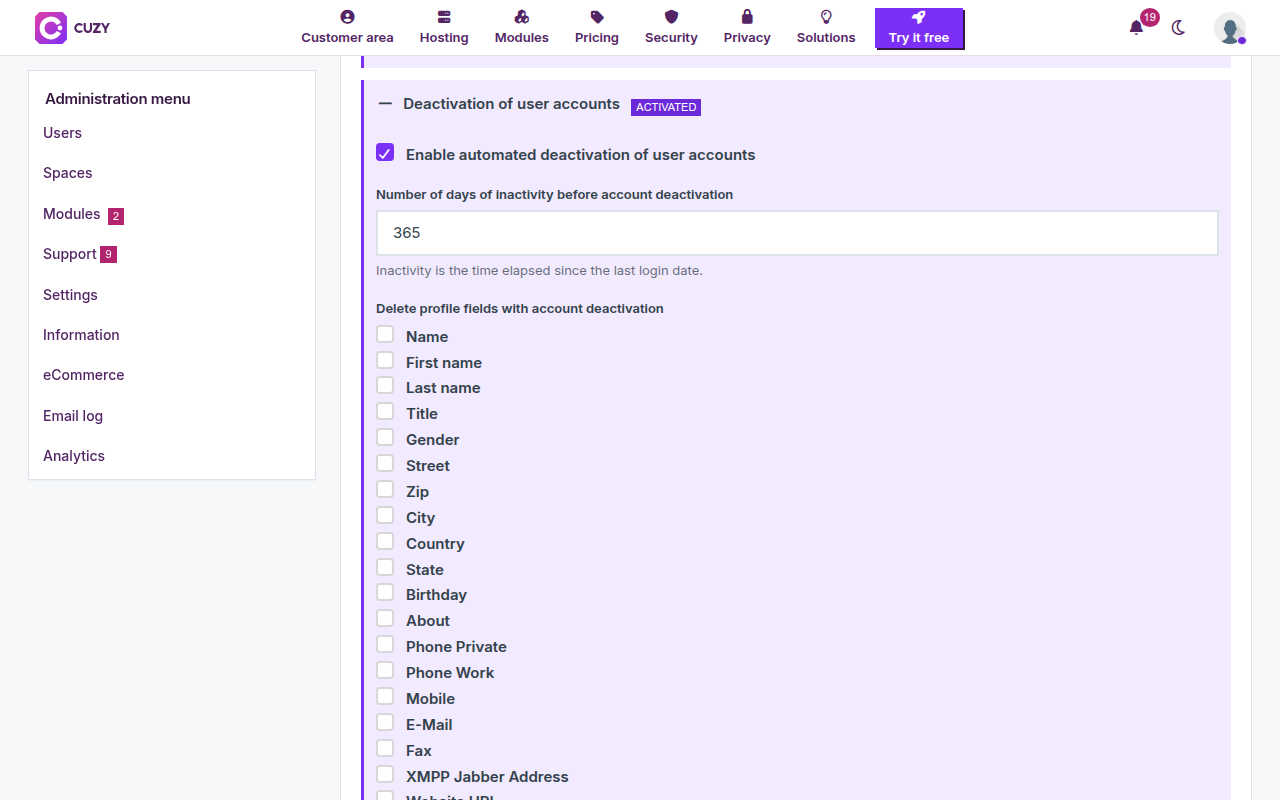 Deactivation of user accounts panel: the checkbox enabled, 365 days of inactivity, the list of profile fields to empty