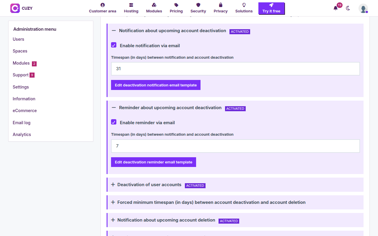 Notification and reminder panels enabled: 31 days between notification and deactivation, 7 days for the reminder