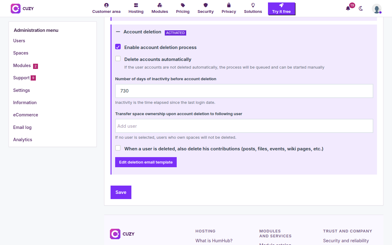 Account deletion panel: process enabled, automatic deletion unchecked, 730 days of inactivity, the user picker for space ownership and the contributions checkbox