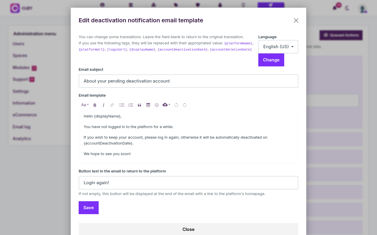 Dialog "Edit deactivation notification email template": language selector, the list of tags, the subject, the rich text body and the button text