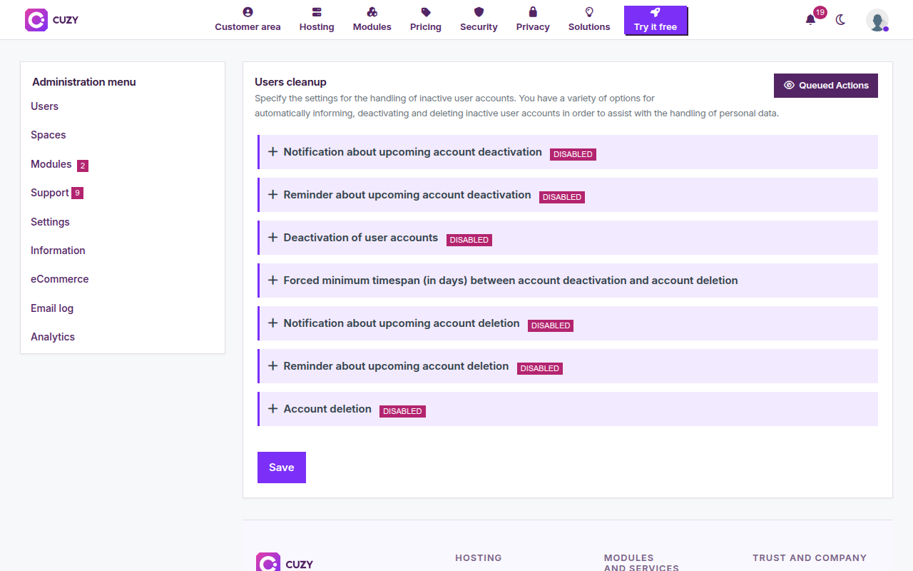 Settings page of the User Cleanup module: six collapsed panels, one per action, all disabled
