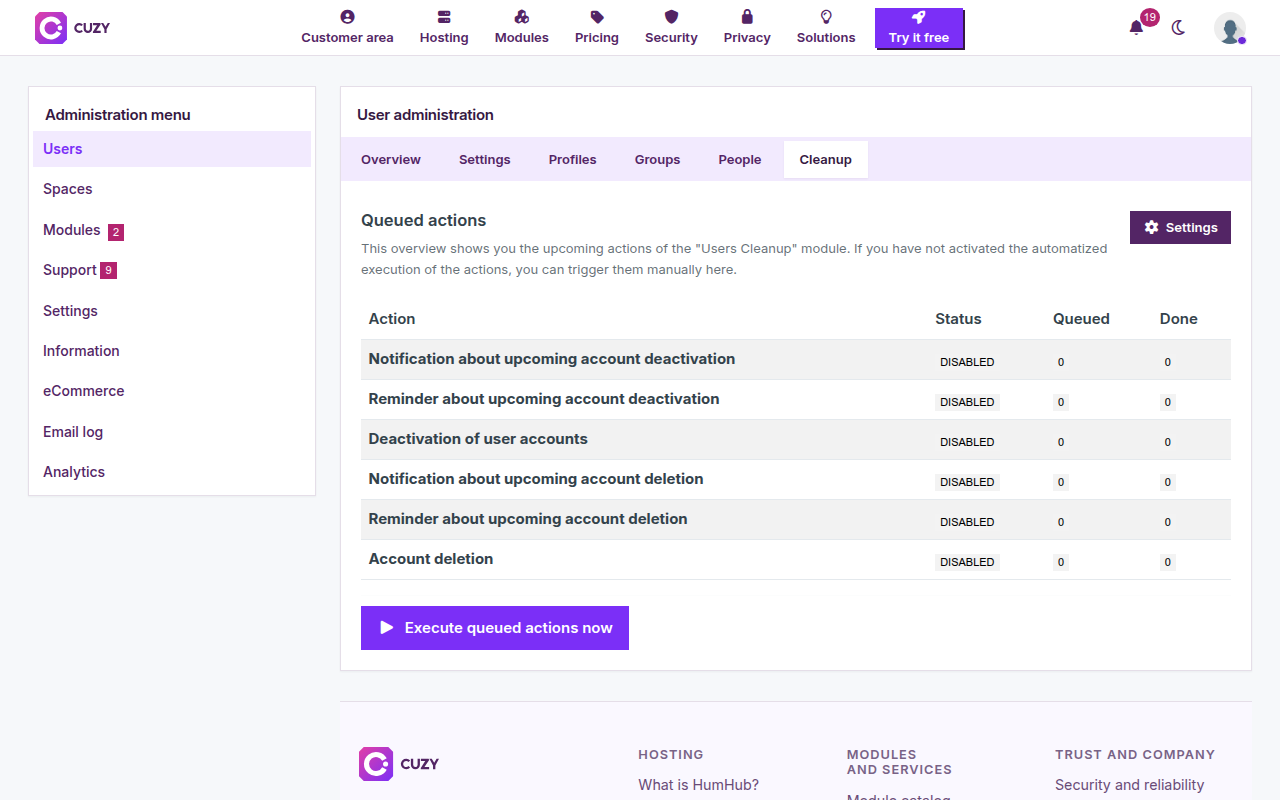 Cleanup tab of the user administration: the six actions with their status and the Queued and Done counts, all at zero